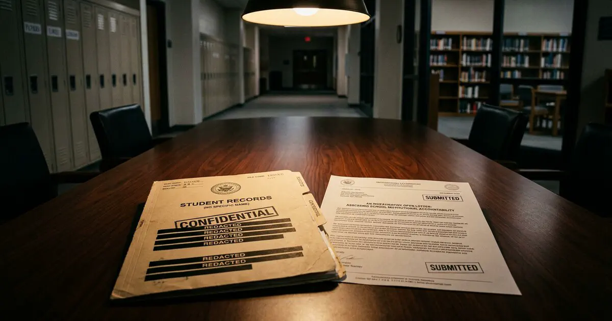 An Open Letter to [Redacted] Township School District — A confidential student records folder with redactions and an official open letter manuscript on an administrative conference table, with an empty school hallway and library in the background.
