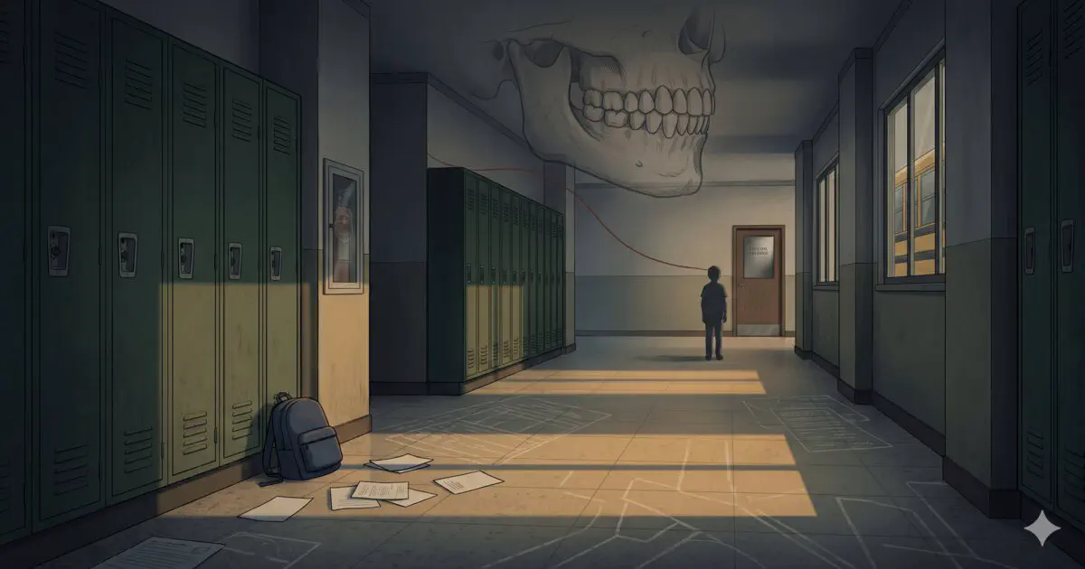 The Shift They Taught Him — An empty school hallway rendered as institutional memory, with records, a backpack, and forensic overlays.