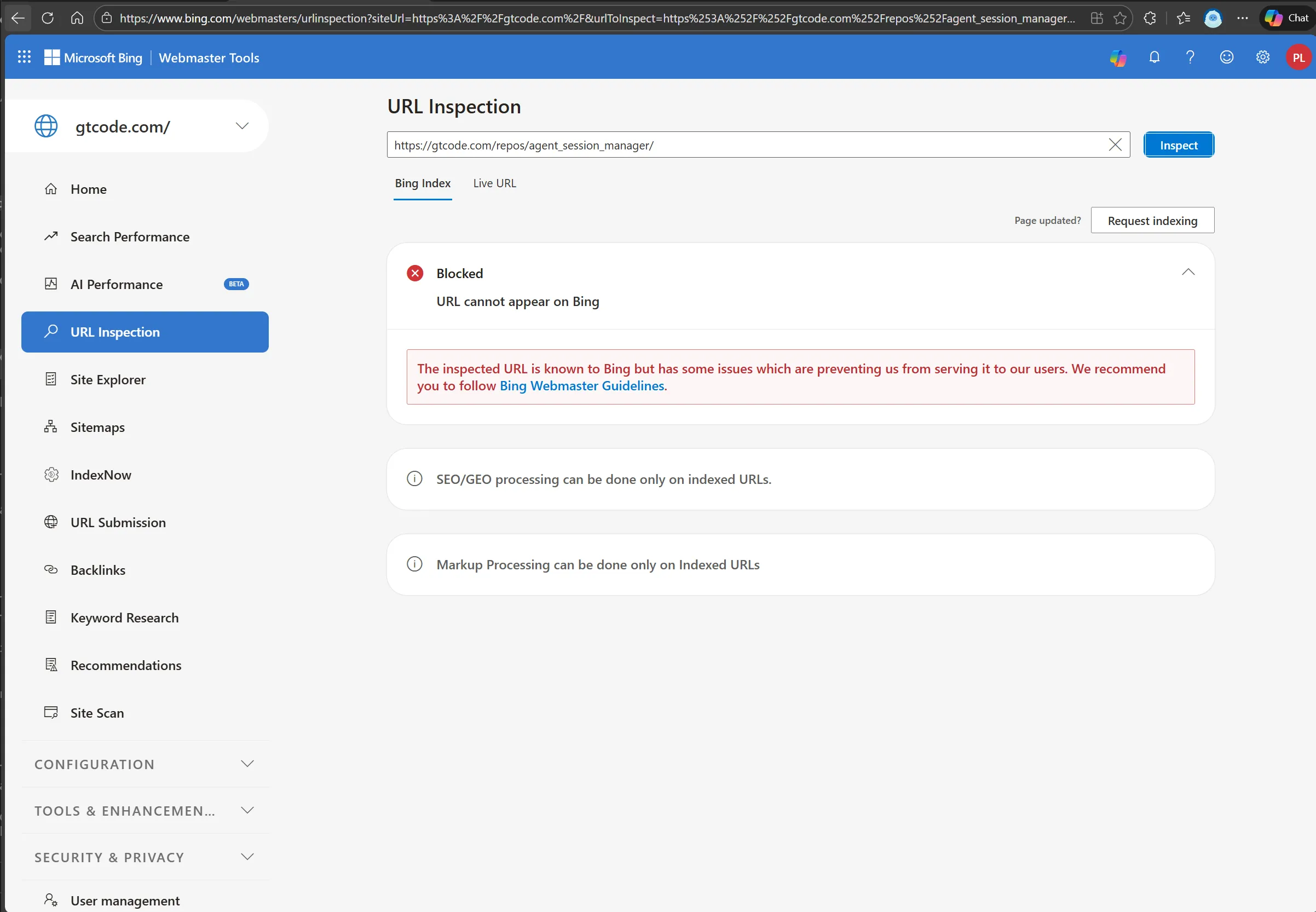 Bing URL Inspection showing “Blocked” for open-source Elixir package