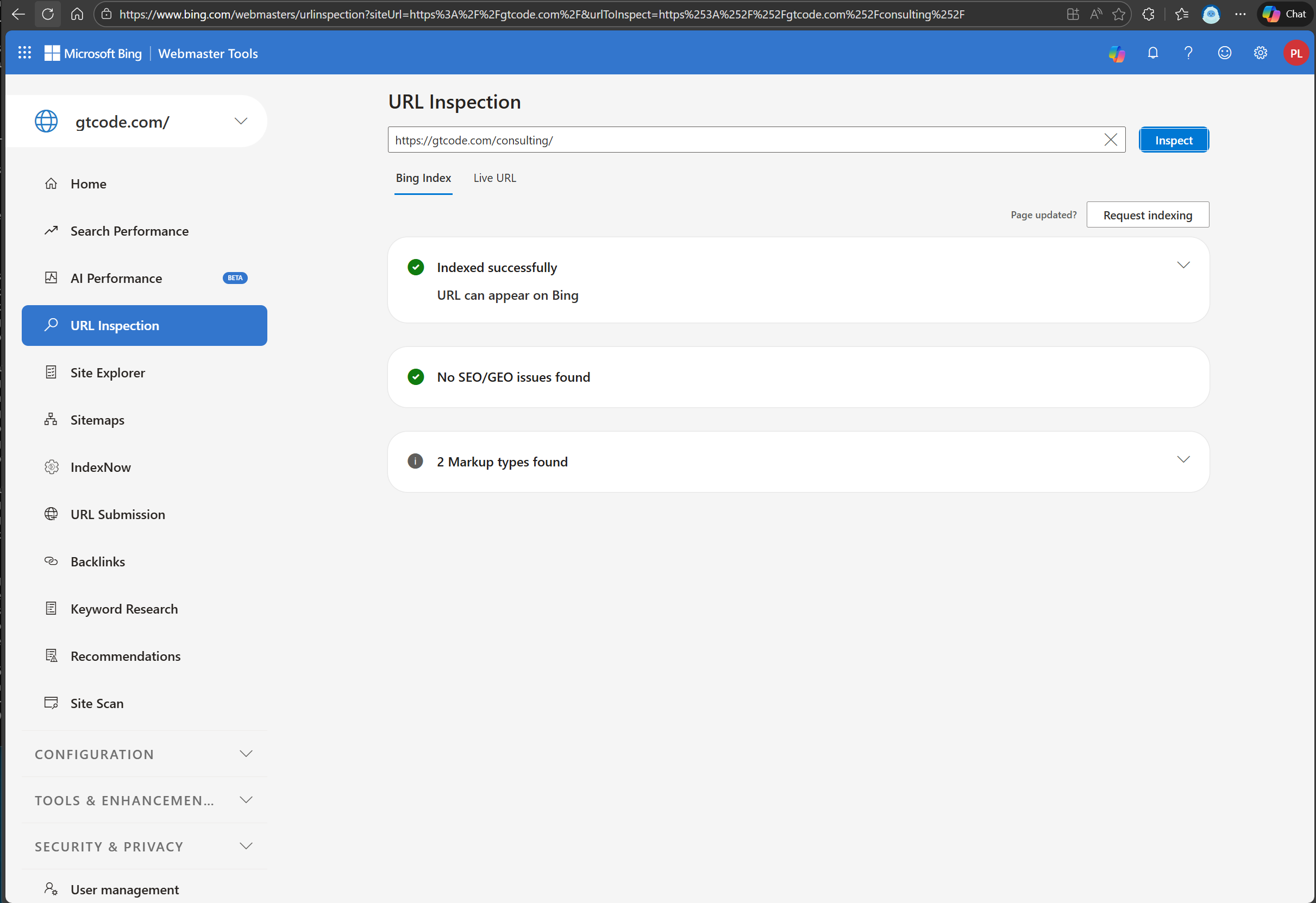 Bing URL Inspection showing “Indexed successfully” for gtcode.com/consulting, February 18, 2026