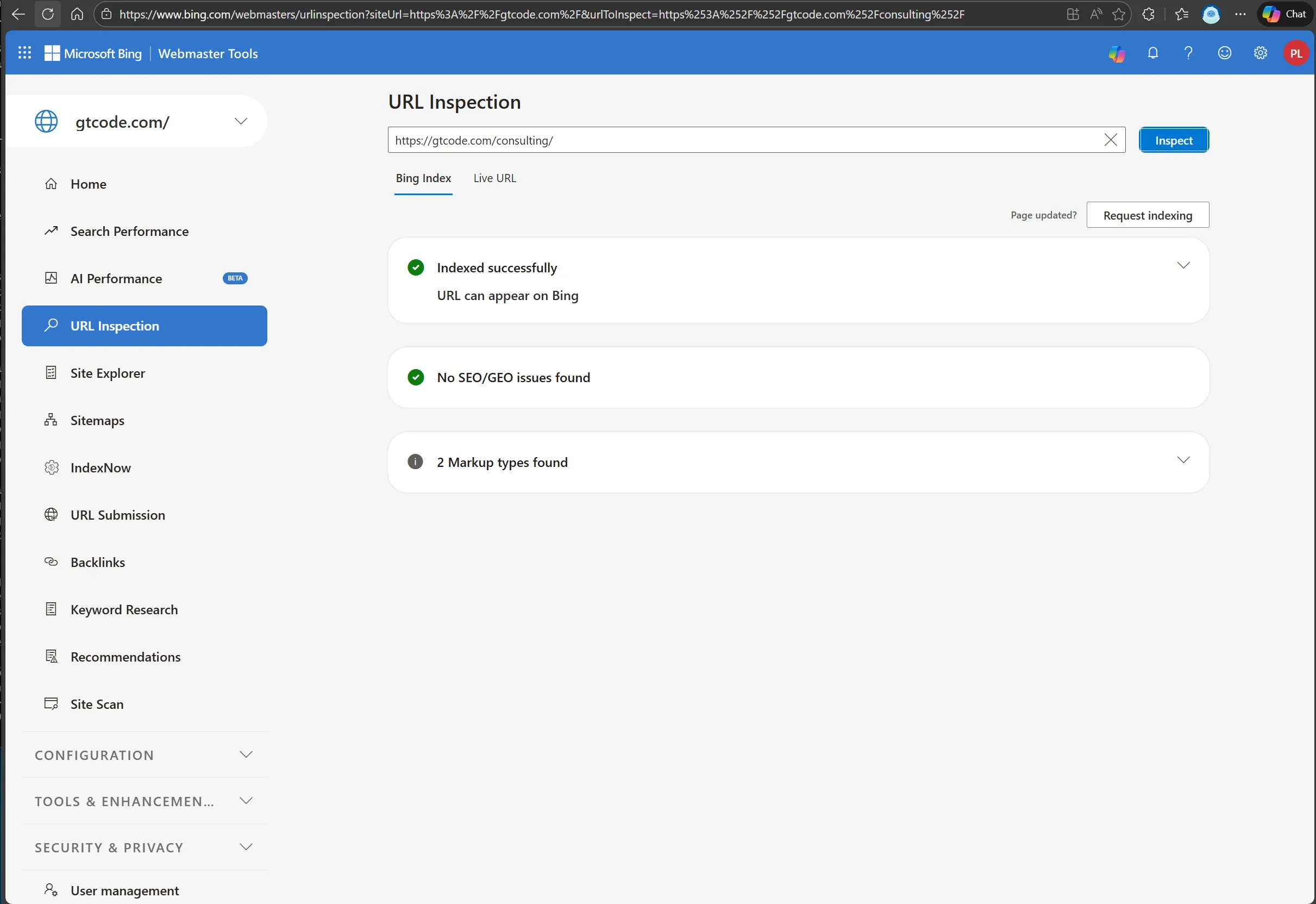 Bing URL Inspection showing “Indexed successfully” for gtcode.com/consulting, February 18, 2026