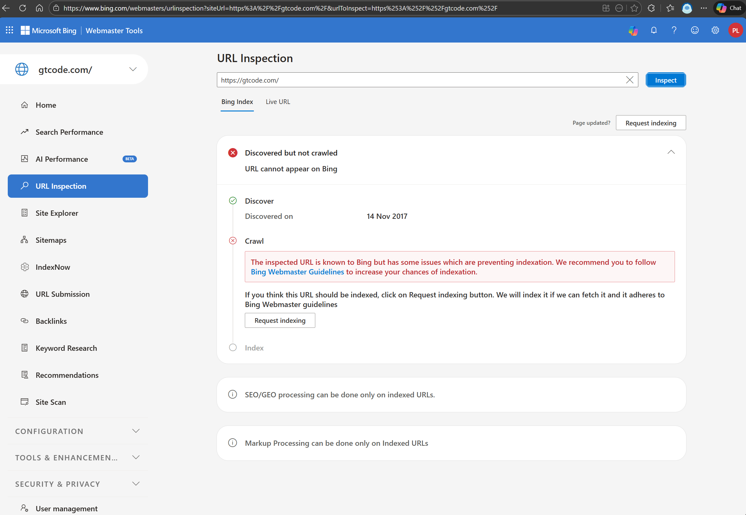 Bing URL Inspection showing “Discovered but not crawled” and “URL cannot appear on Bing” for gtcode.com homepage, February 18, 2026