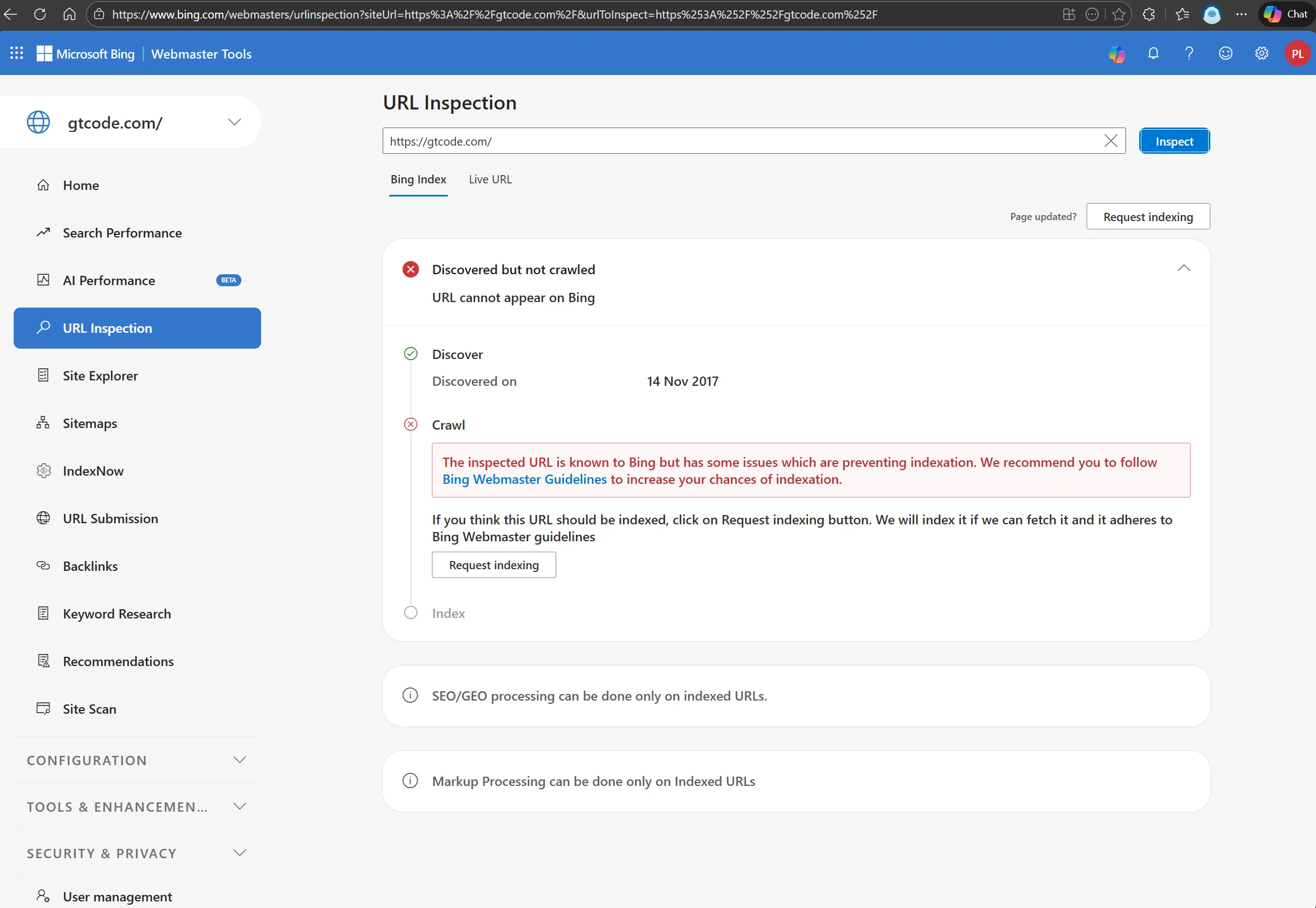 Bing URL Inspection showing “Discovered but not crawled” and “URL cannot appear on Bing” for gtcode.com homepage, February 18, 2026