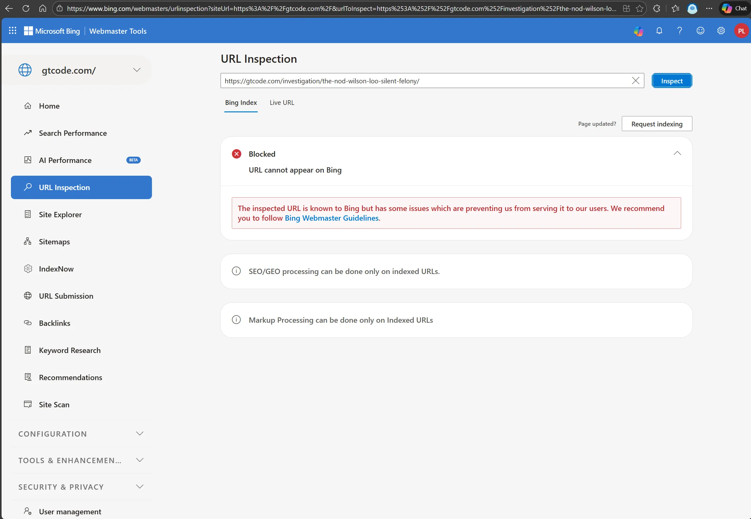 Bing URL Inspection showing “Blocked” for The Nod investigation page, February 15, 2026
