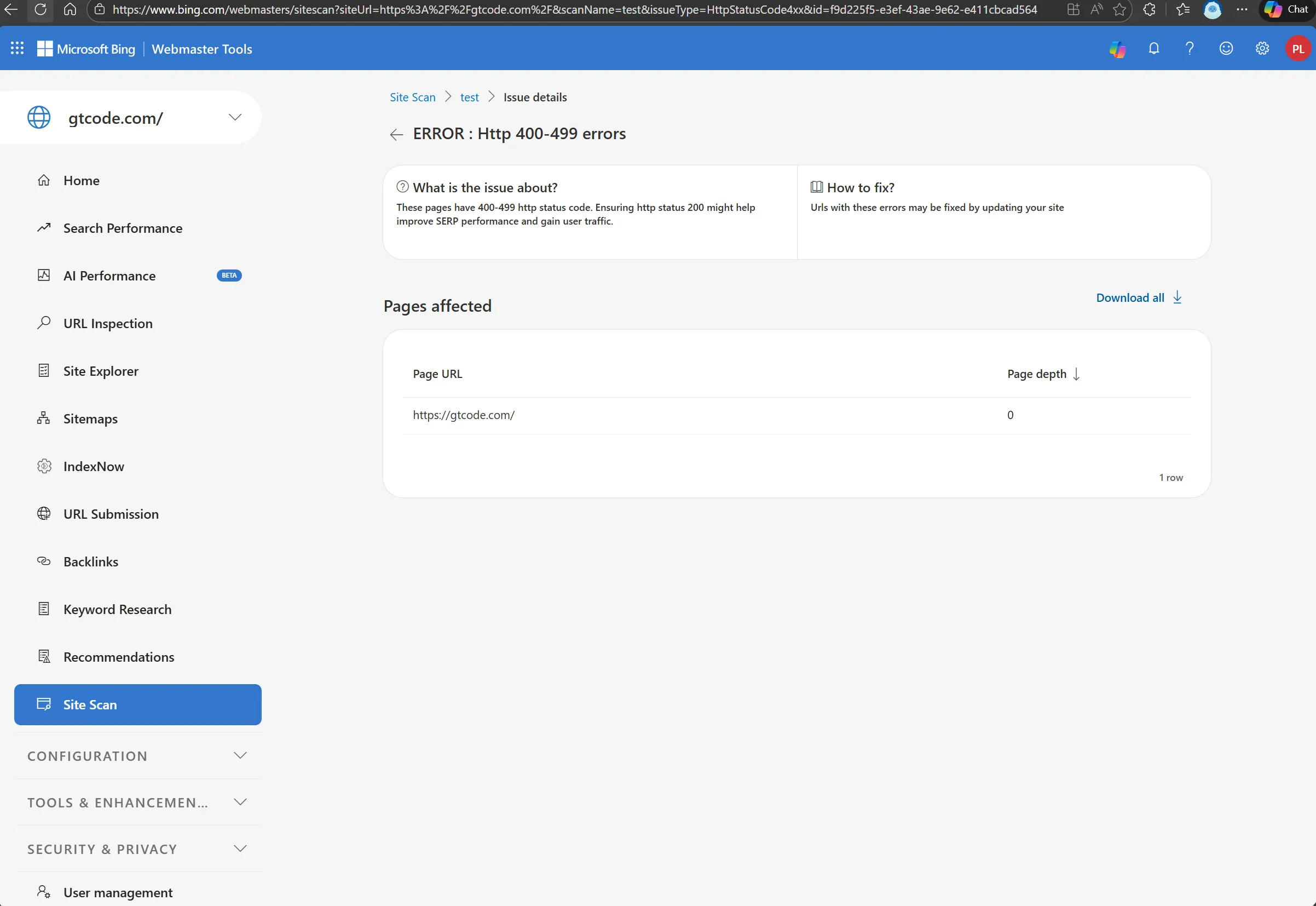 Bing Site Scan showing HTTP 400-499 errors for gtcode.com root URL, February 18, 2026