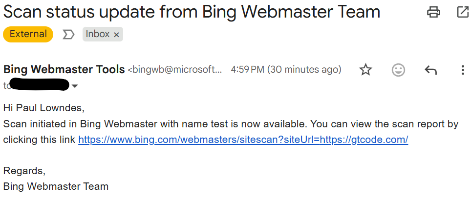 Bing Webmaster Tools email confirming site scan completion for gtcode.com, February 18, 2026