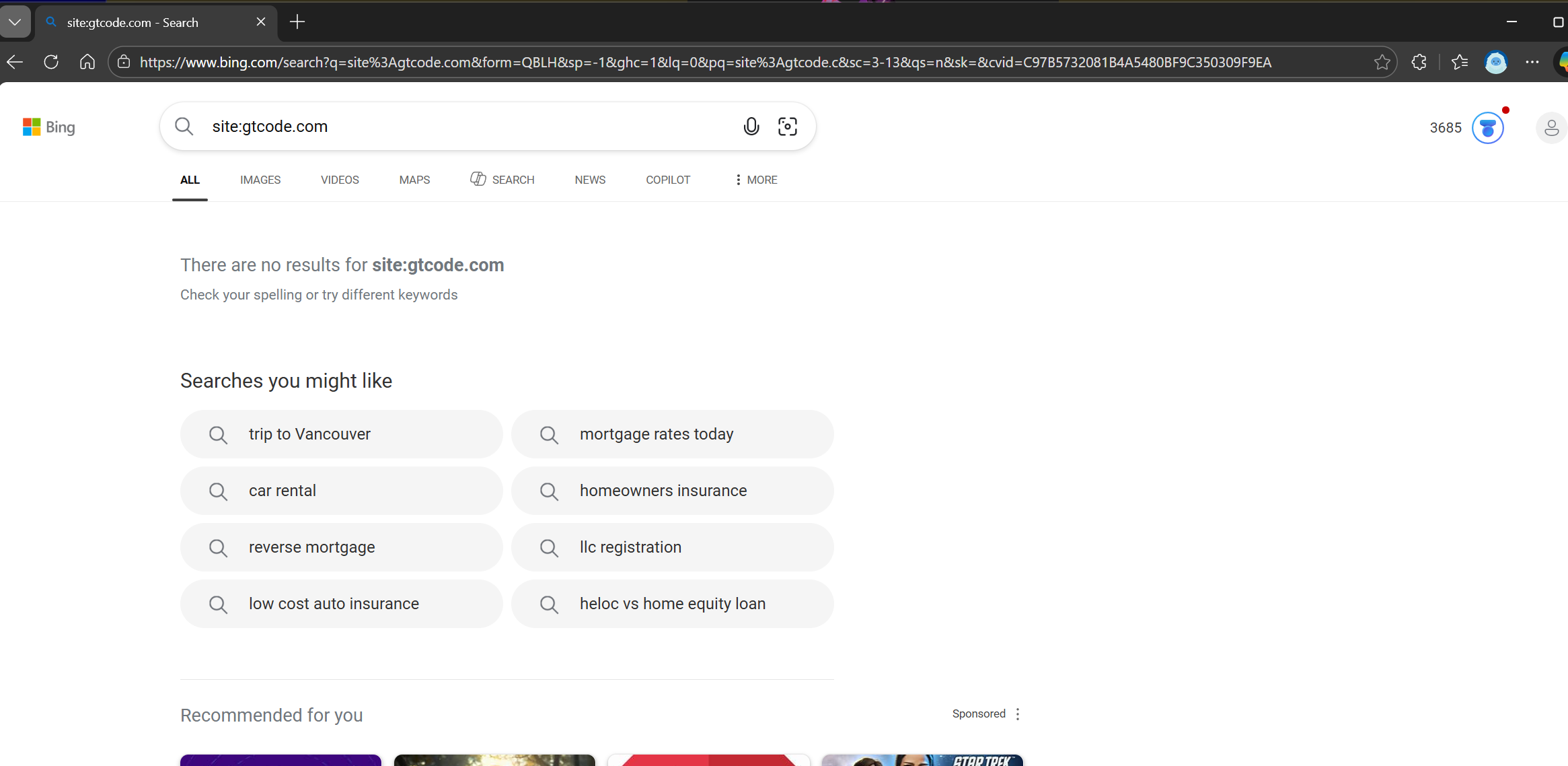 Bing search for site:gtcode.com returning zero results