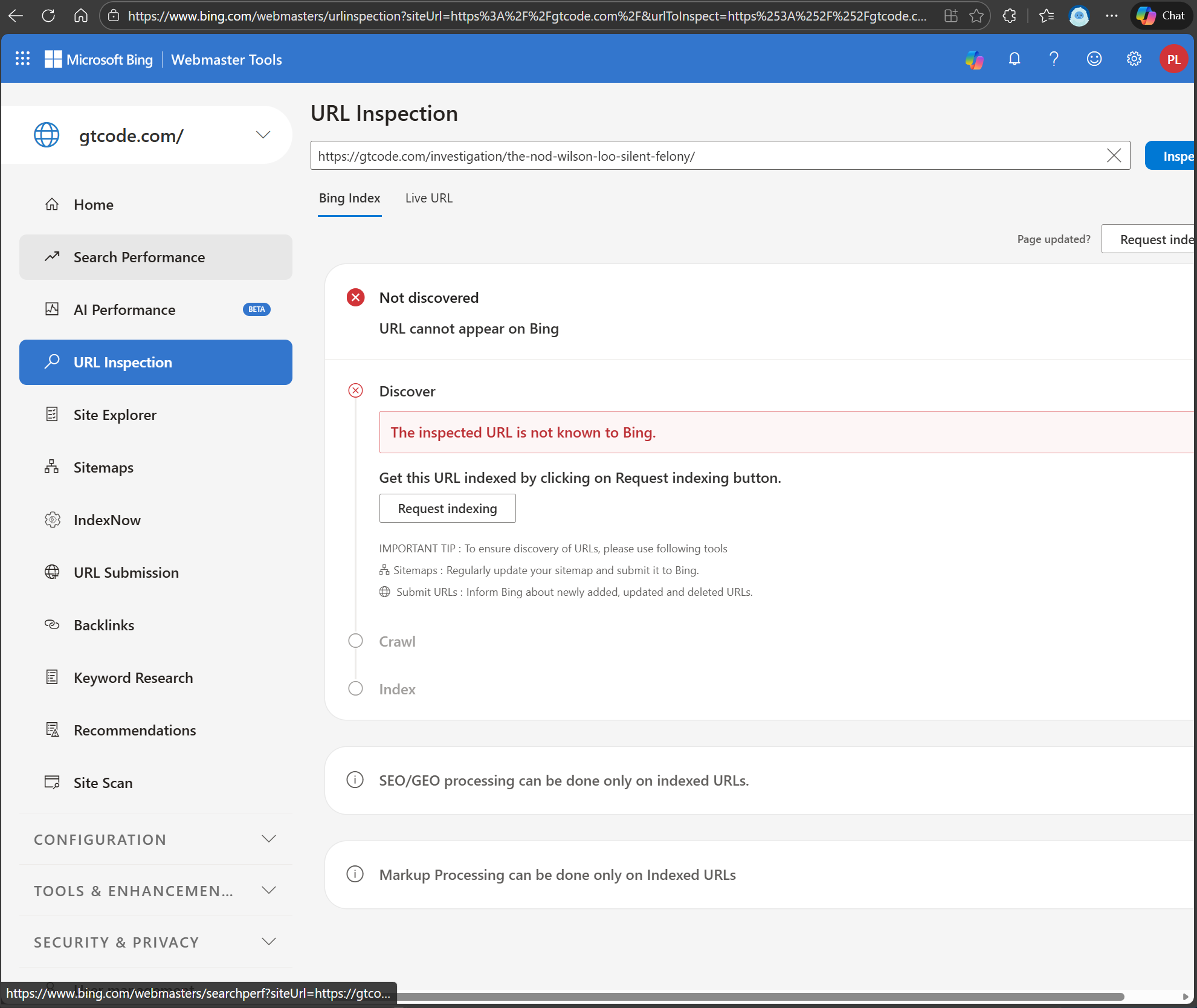 Bing URL Inspection showing “Not discovered” for Wilson Loo investigation