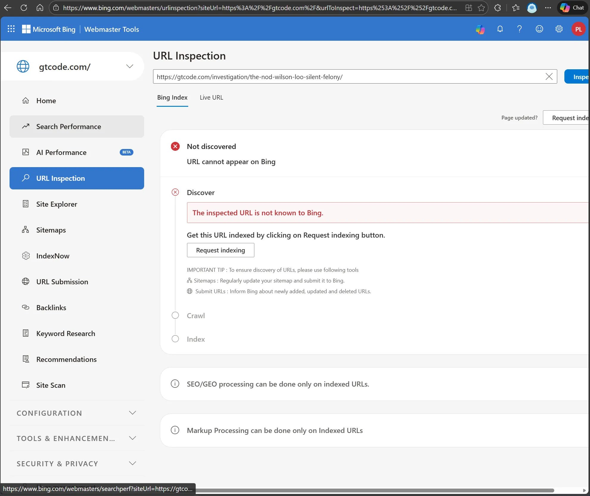 Bing URL Inspection showing “Not discovered” for Wilson Loo investigation