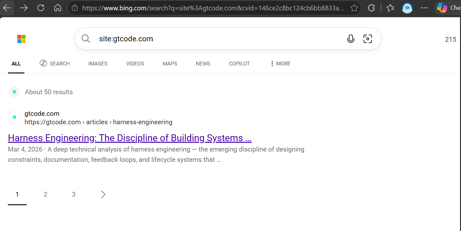 Bing search for site:gtcode.com showing about 50 results but only one visible gtcode.com result, a non-investigative Harness Engineering article