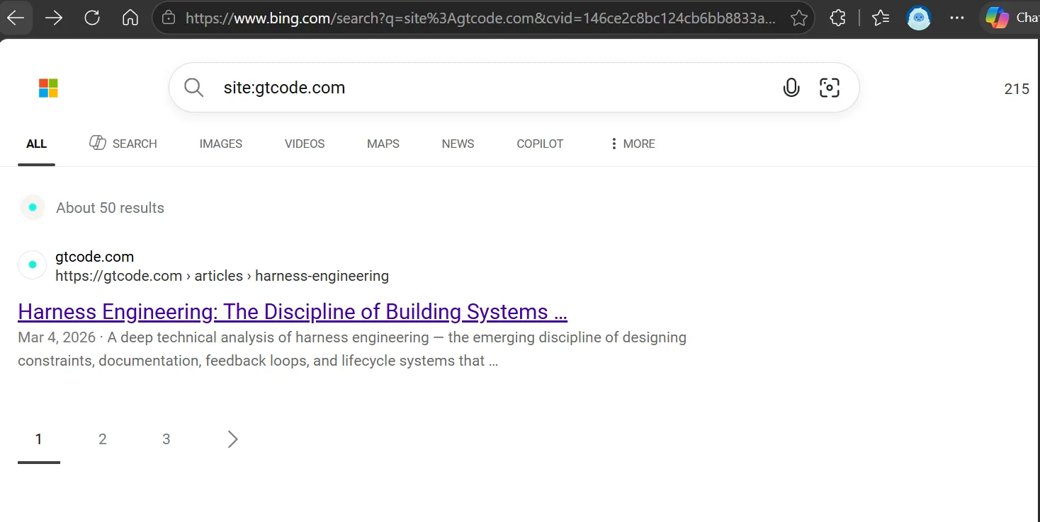 Bing search for site:gtcode.com showing about 50 results but only one visible gtcode.com result, a non-investigative Harness Engineering article