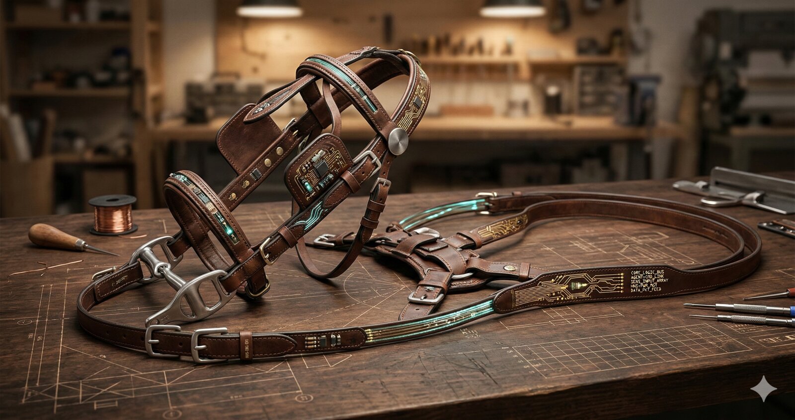 A leather horse harness on a workshop bench, its straps transitioning into circuit traces and fiber optic cables
