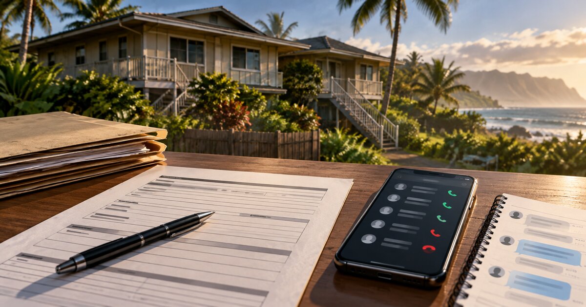 Editorial illustration of a generic Haleiwa duplex silhouette, a rental application, a phone-call timeline, and a document trail; no real residence or person is depicted