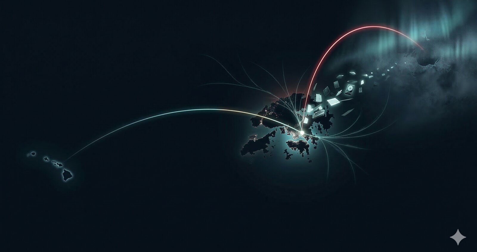 The Chain of Custody — Hawaii, Hong Kong, and Sheremetyevo connected across a dark cartographic route map of Snowden's custody chain