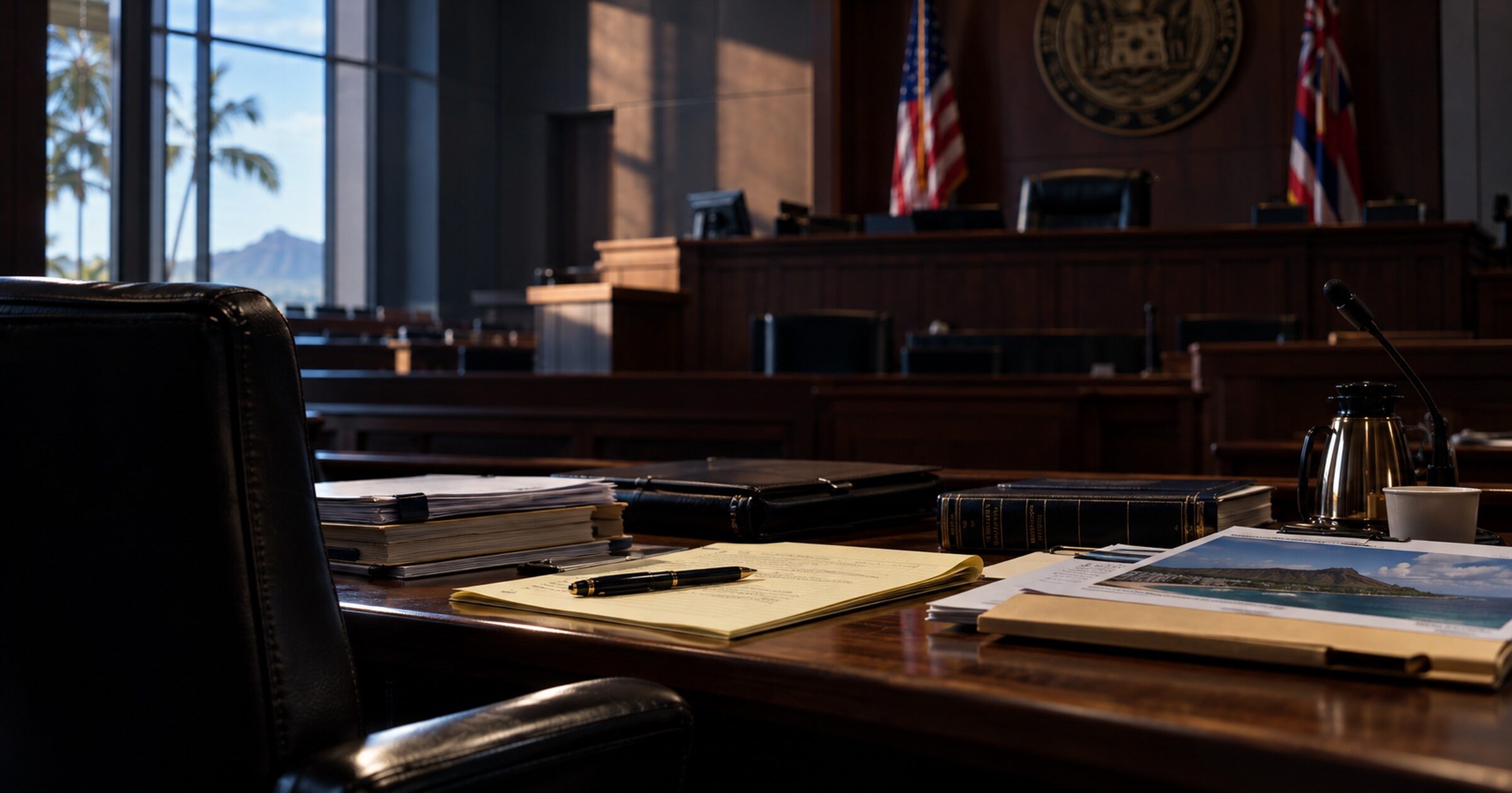 Editorial illustration of an empty defense table in a Hawaiʻi courtroom, with legal pads, case files, law books, and the judge’s bench beyond.