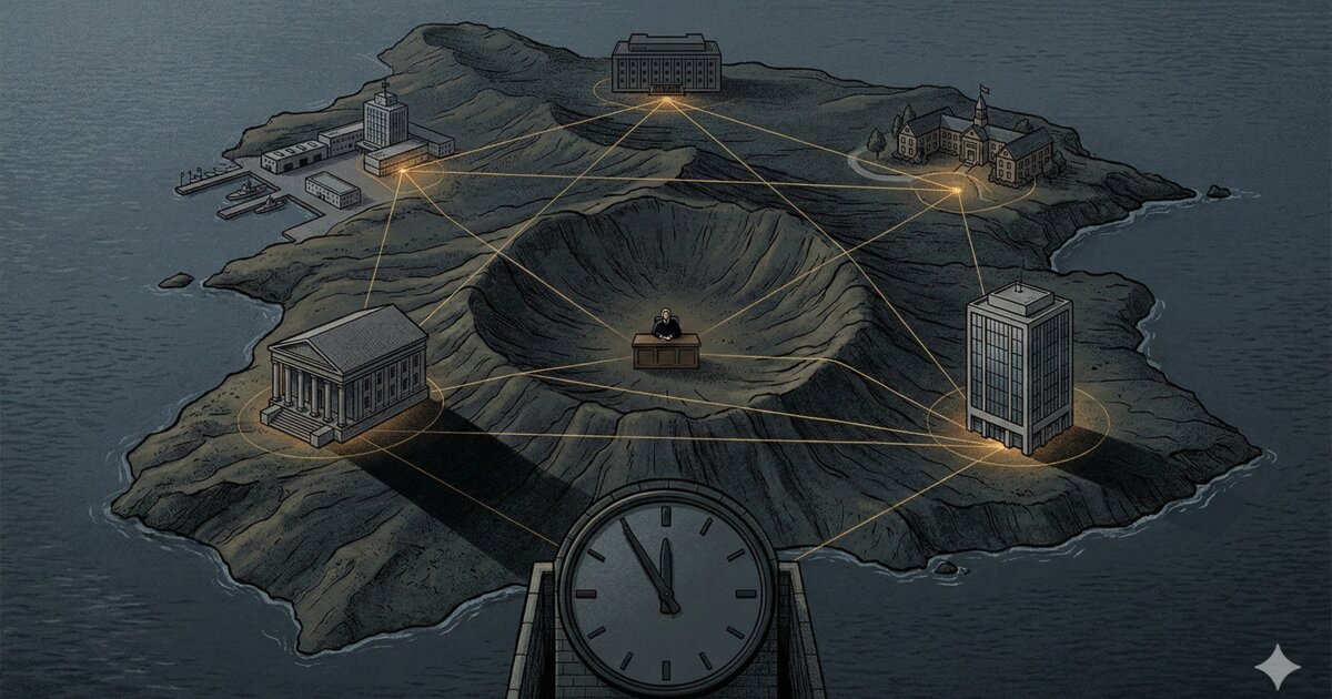 Illustration of an island with interconnected institutional buildings linked by glowing lines, a lone figure at a desk at the center, and a clock marking the passage of time — representing the dense network architecture that produces ambient impunity