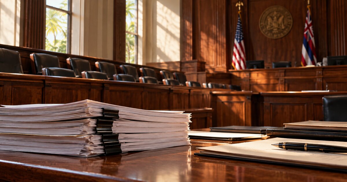 Editorial illustration of an empty courtroom jury box, a trial transcript, and an abstract evidence boundary; no people or weapon are depicted