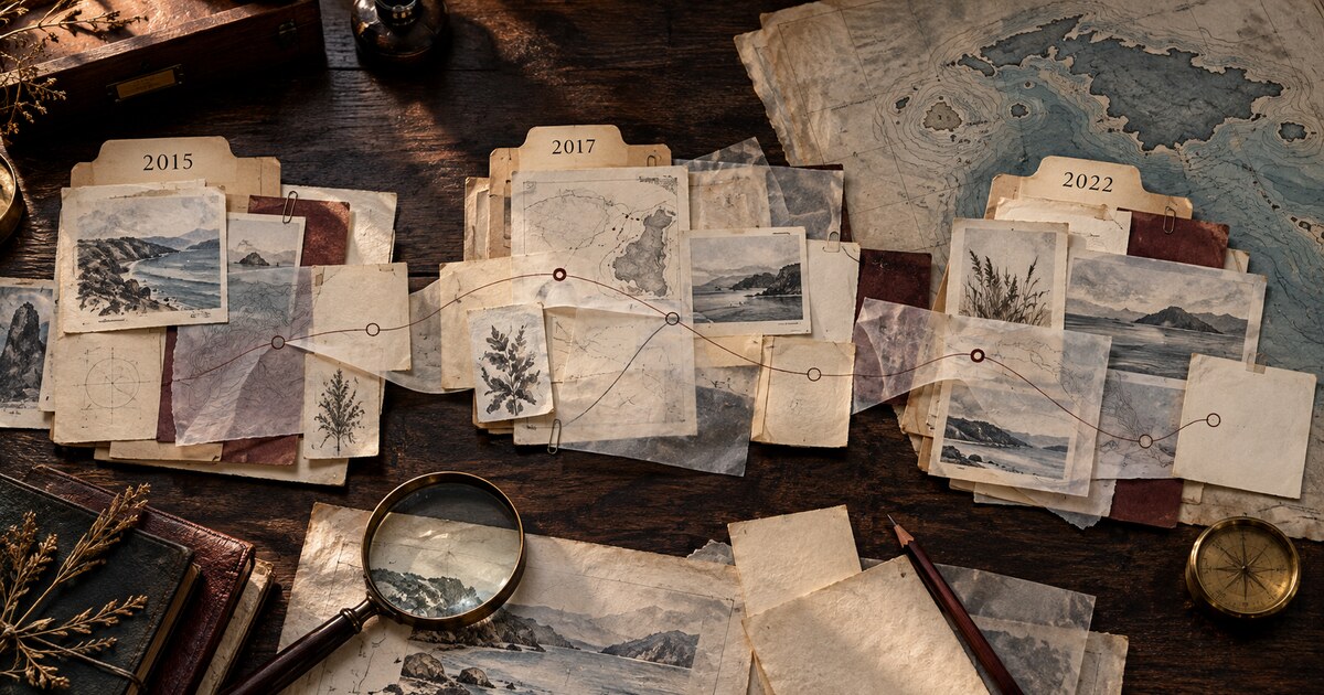 Conceptual illustration of archival folders dated 2015, 2017 and 2022, overlapping papers and tracing lines across a dark desk.