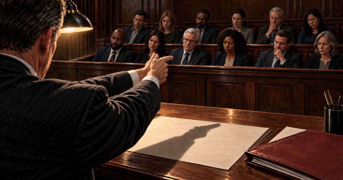 Editorial reconstruction of a prosecutor making a two-handed mock-pistol gesture toward twelve jurors.