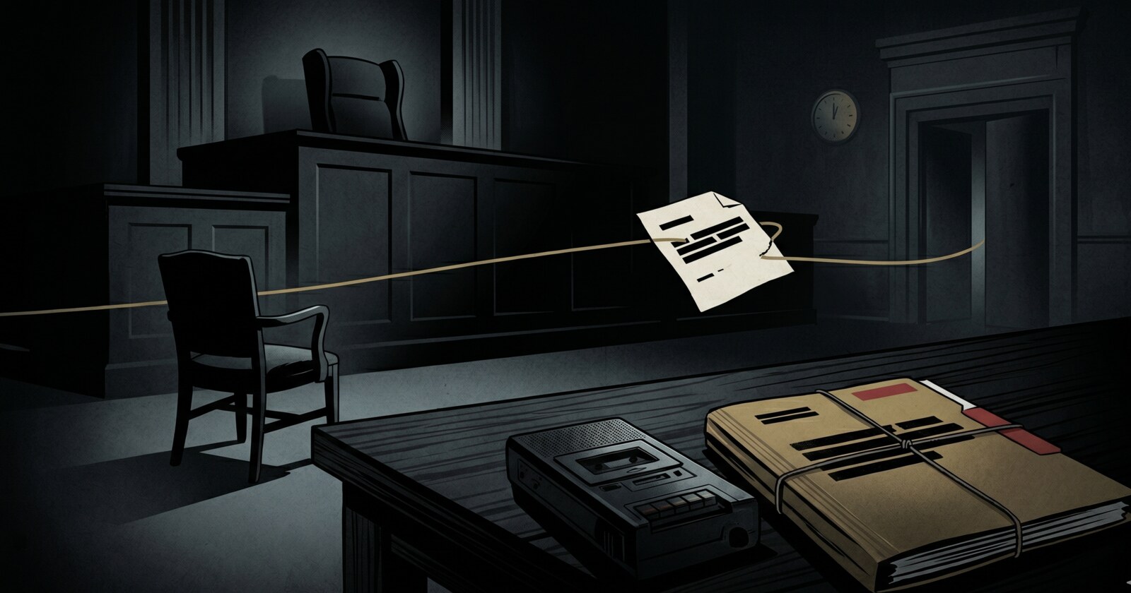 Dark investigative illustration of an empty courtroom, a loose document, case files, and an audio recorder representing the duty to preserve and report courtroom misconduct