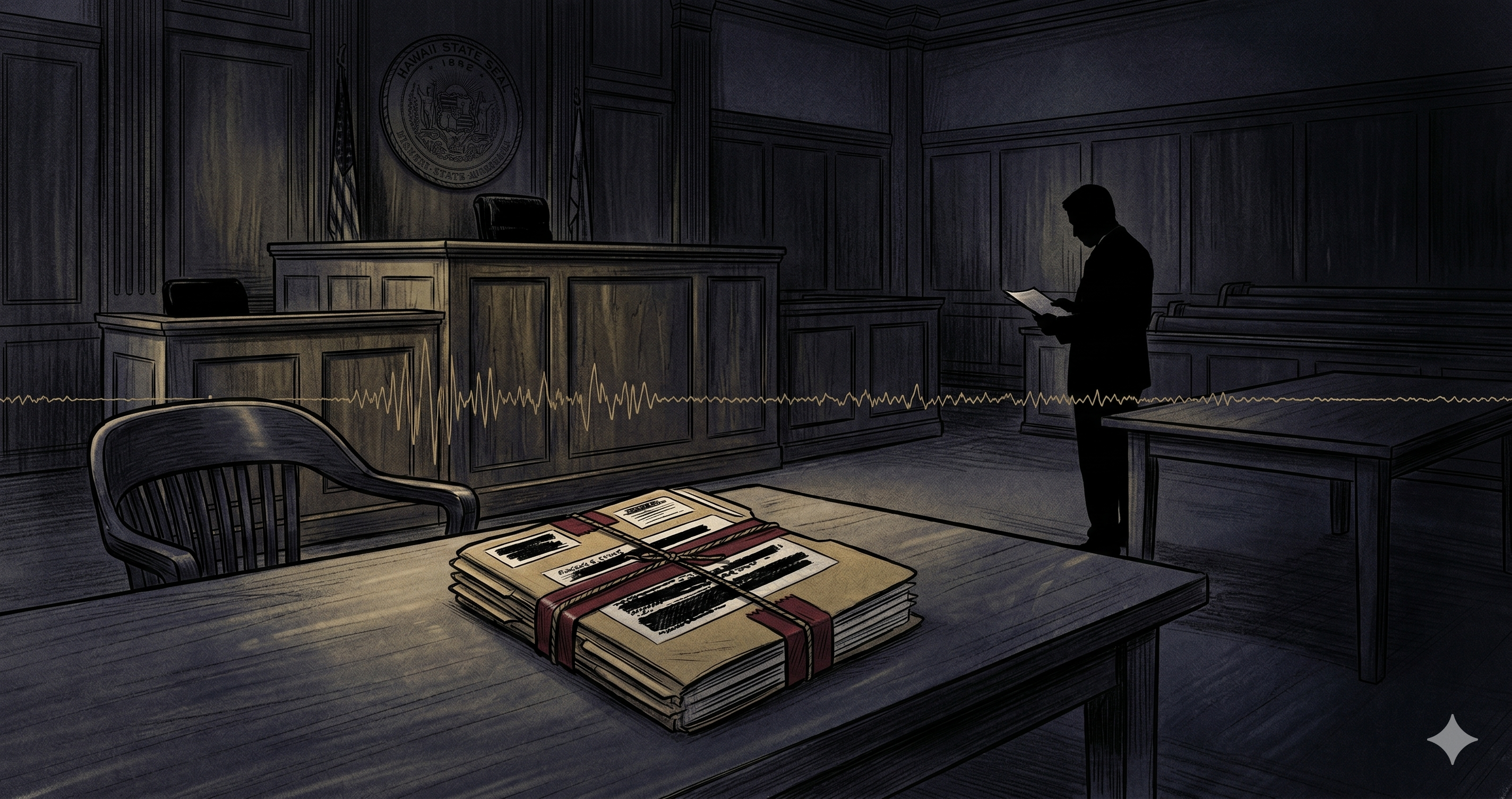 Dark investigative illustration of a sealed court file, courtroom table, and audio waveform representing the December 2, 2022 First Circuit proceeding