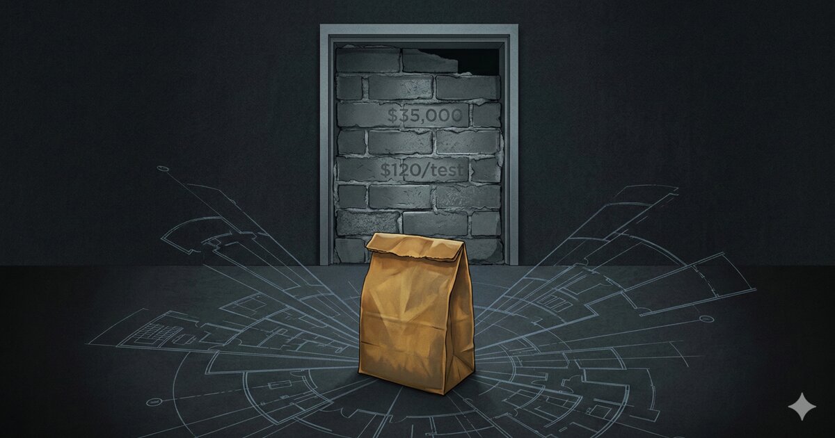 Illustration of a brown paper bag on a dark surface with architectural blueprints radiating outward and a doorway being bricked shut — representing the AG's contradictory positions on special counsel authority