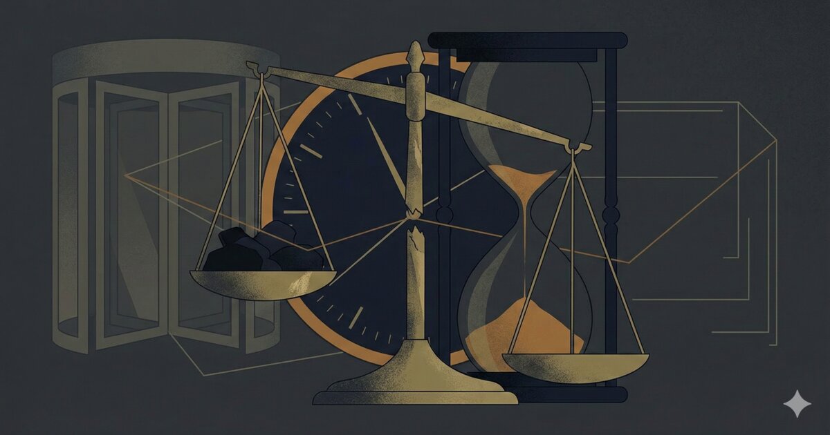 Illustration of a shadowed courtroom with an interrupted audio waveform and a chain of static dominoes — representing unresolved reports and limited accountability review