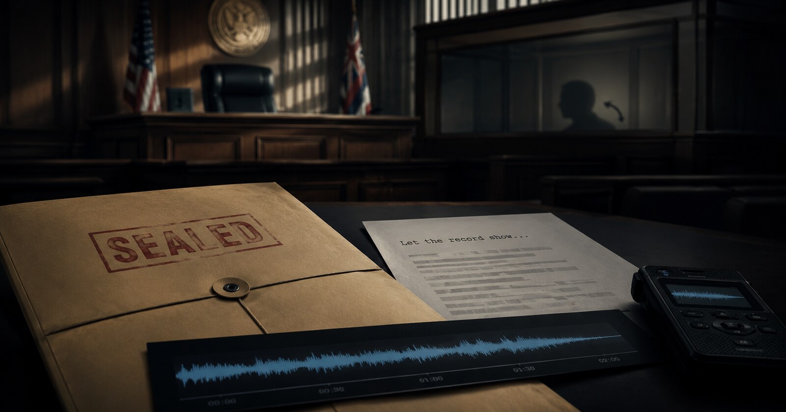 Investigative courtroom illustration with a sealed audio waveform, document fragments, and converging sightlines representing a reported nonverbal courtroom signal