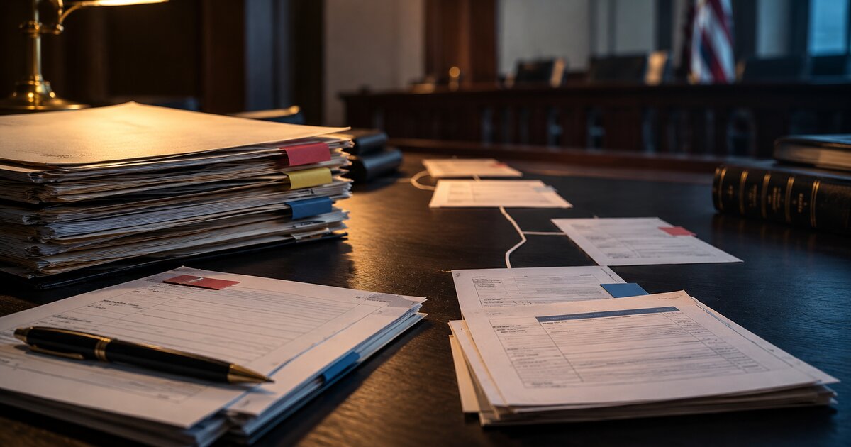 Editorial illustration of two case-file folders, a communication log, and a branching record trail representing a safety report and a resolution discussion
