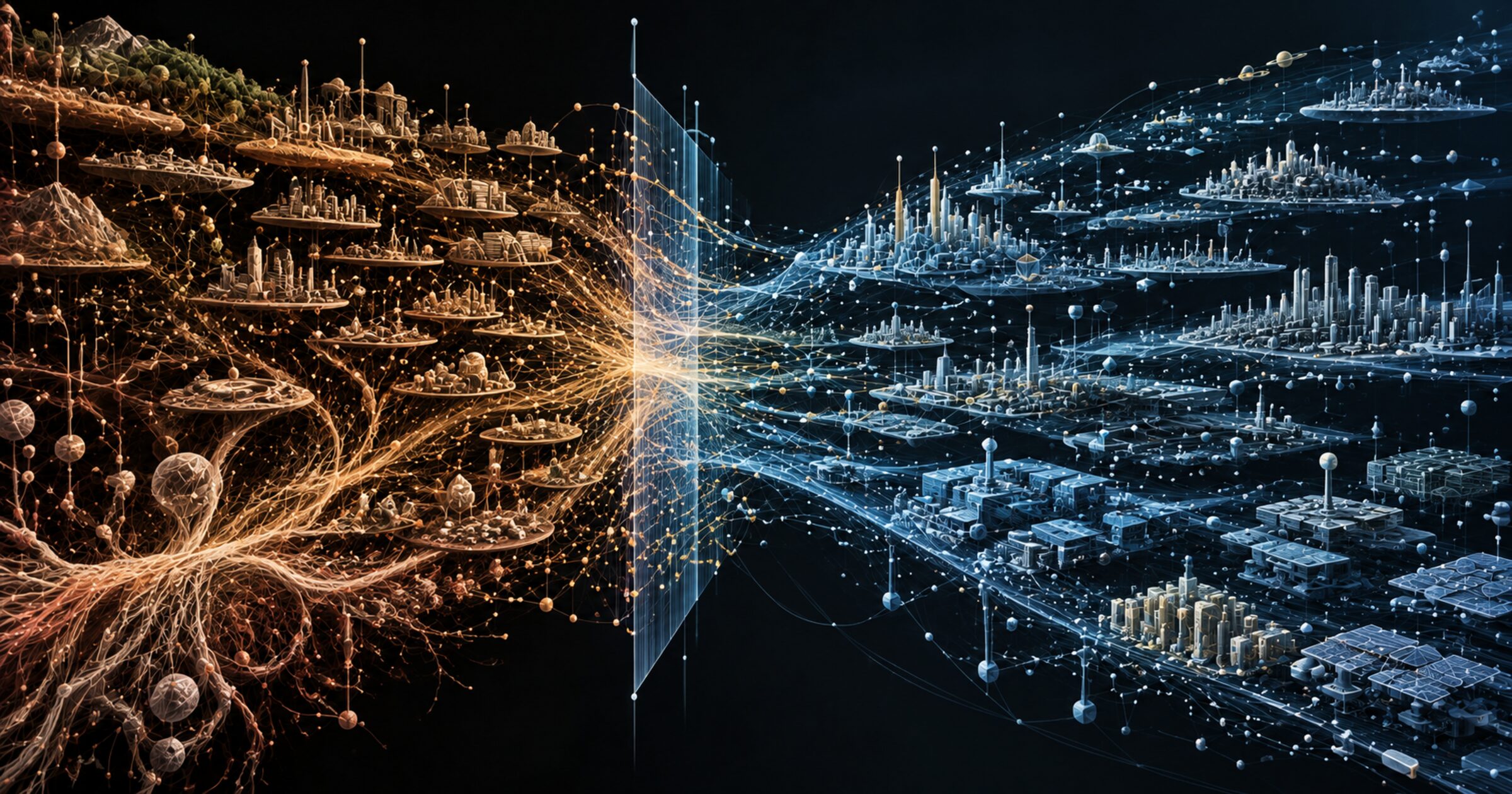 A warm human-derived knowledge lattice crossing a focused interface into a cool synthetic civilization of interconnected computational structures