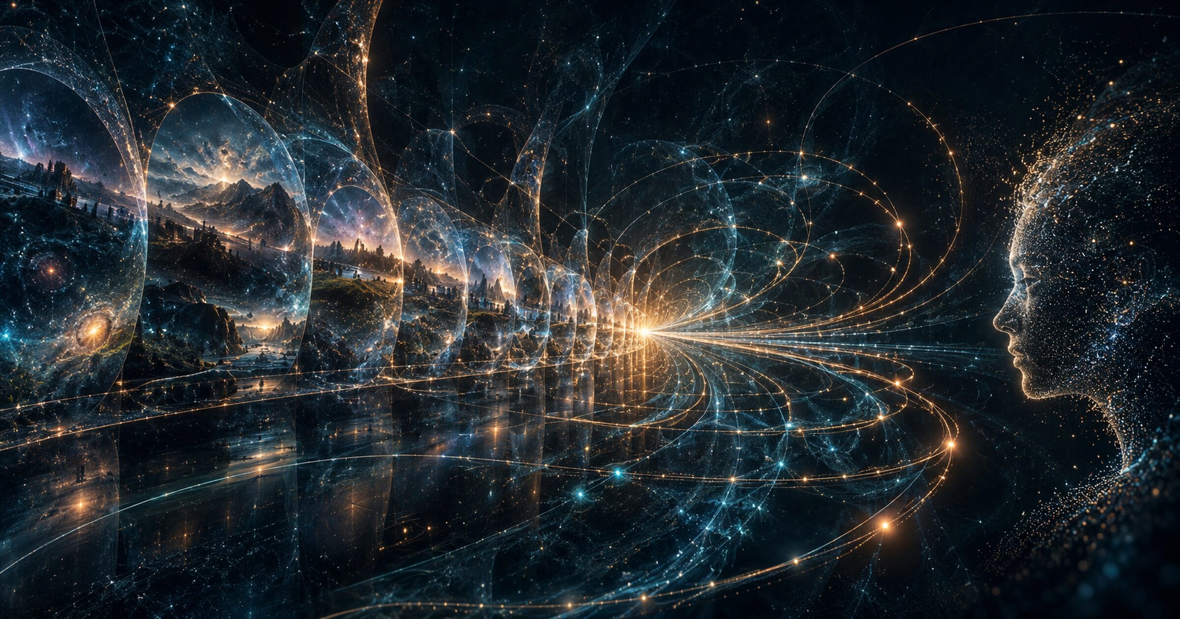 A luminous human profile watches a golden source of light as blue and amber arcs connect successive cosmic landscapes like layers of remembered history