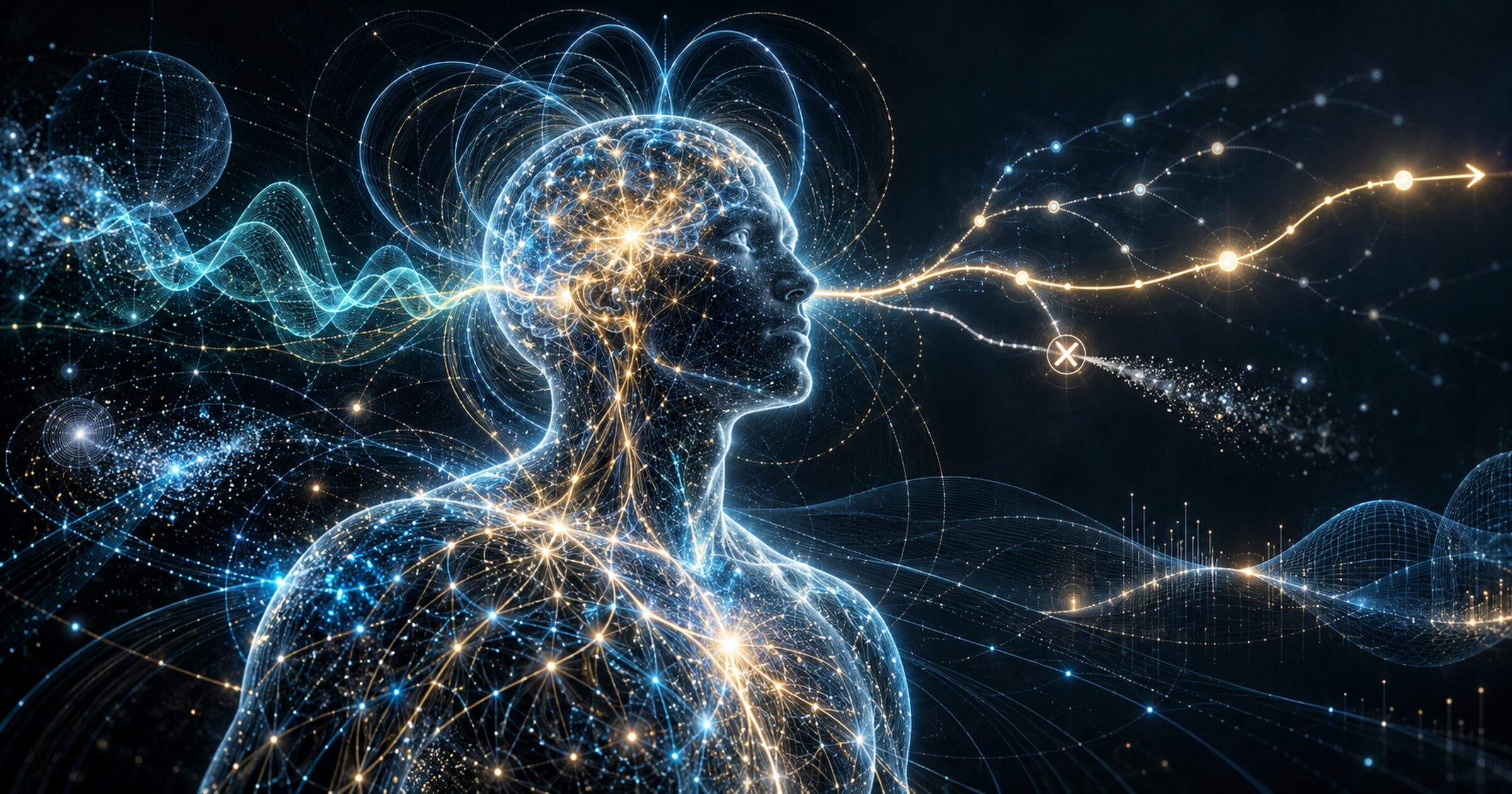 A luminous neural human profile surrounded by electromagnetic loops and branching probability paths; one prospective action continues while another is vetoed