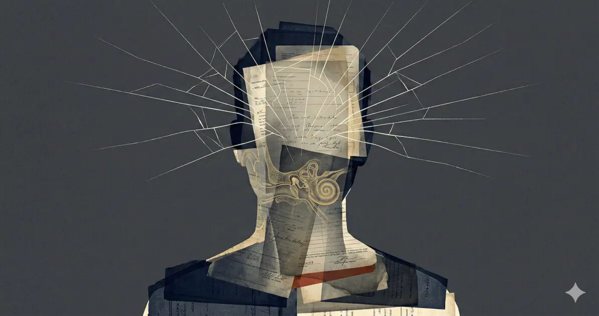 Abstract editorial illustration of a human silhouette with layered documents and gold accents.